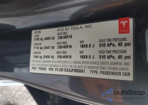 2018 Tesla Model 3 Long Range/Mid Range из США, поврежденный, VIN 5YJ3E1EA3JF005041